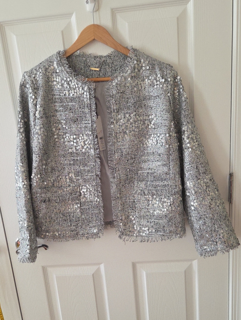 Chico's Silver Sequin Tweed Collarless Jacket